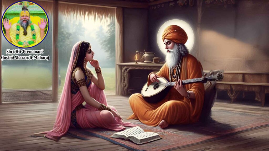 एक ऋषि एक महिला को भगवान के लिए गाना और वाद्ययंत्र बजाना सिखा रहे हैं